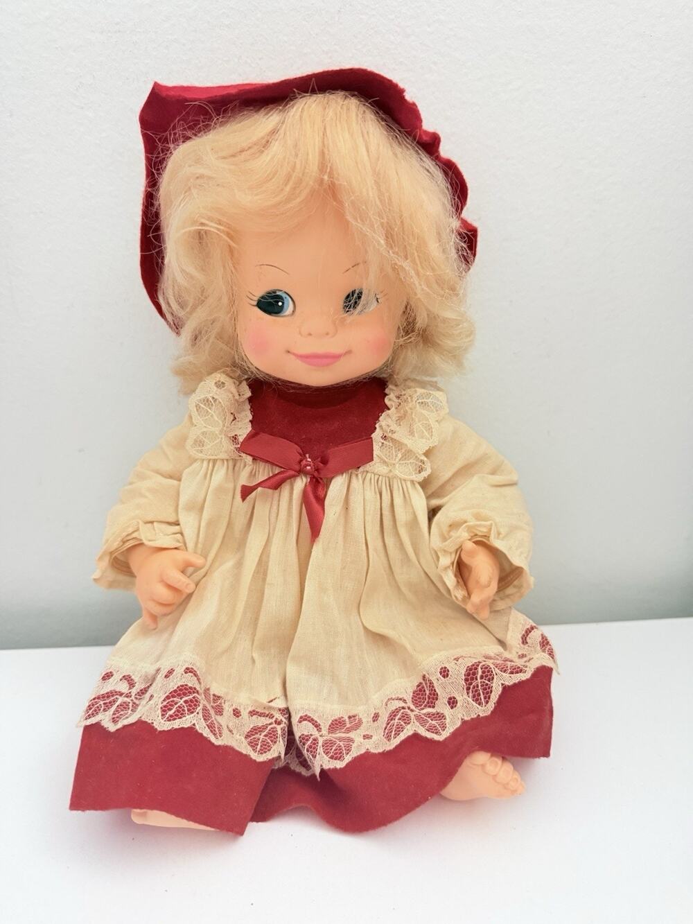Vintage 1974 Horsman Dolls Blonde Girl Red Hood Doll Lace Dress 14”
